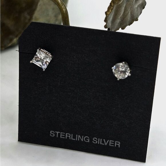 "5/$25" Pair of Mismatched Sterling Silver CZ Square & Round Stud Earrings - Picture 1 of 8